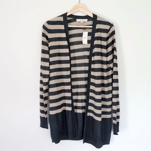 LOFT Gray and Tan Striped Long open Cardigan NWT